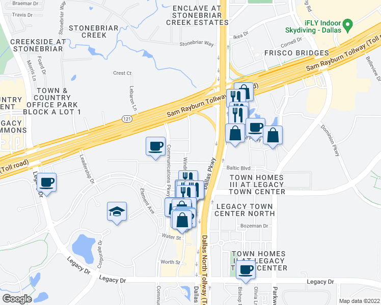 map of restaurants, bars, coffee shops, grocery stores, and more near 6050 Texas 121 in Frisco