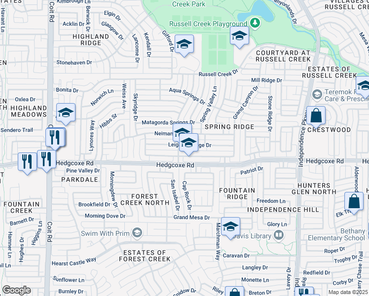 map of restaurants, bars, coffee shops, grocery stores, and more near 3424 Leighton Ridge Drive in Plano