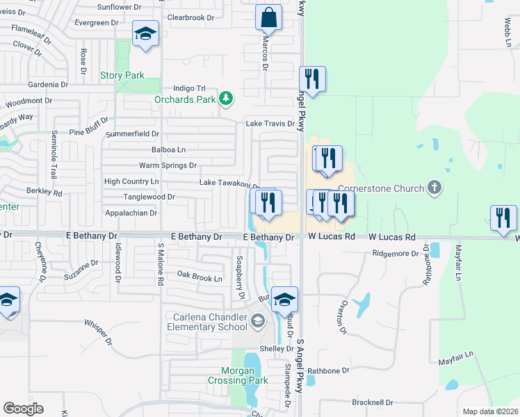 map of restaurants, bars, coffee shops, grocery stores, and more near 1710 Lake Whitney Lane in Allen
