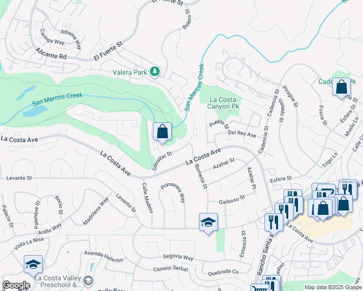 map of restaurants, bars, coffee shops, grocery stores, and more near 7541 Gibraltar Street in Carlsbad