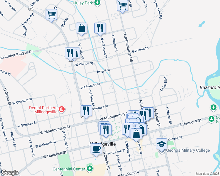 map of restaurants, bars, coffee shops, grocery stores, and more near 510 North Wilkinson Street in Milledgeville