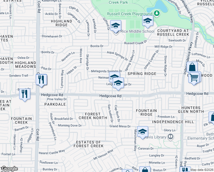 map of restaurants, bars, coffee shops, grocery stores, and more near 3520 Leighton Ridge Drive in Plano