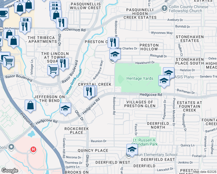 map of restaurants, bars, coffee shops, grocery stores, and more near 4629 Chapel Creek Drive in Plano