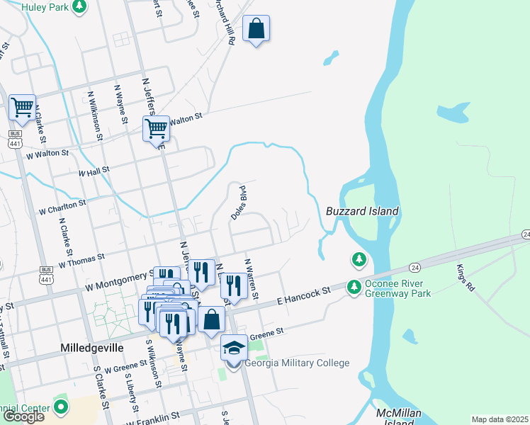 map of restaurants, bars, coffee shops, grocery stores, and more near 325 Milledge Avenue in Milledgeville