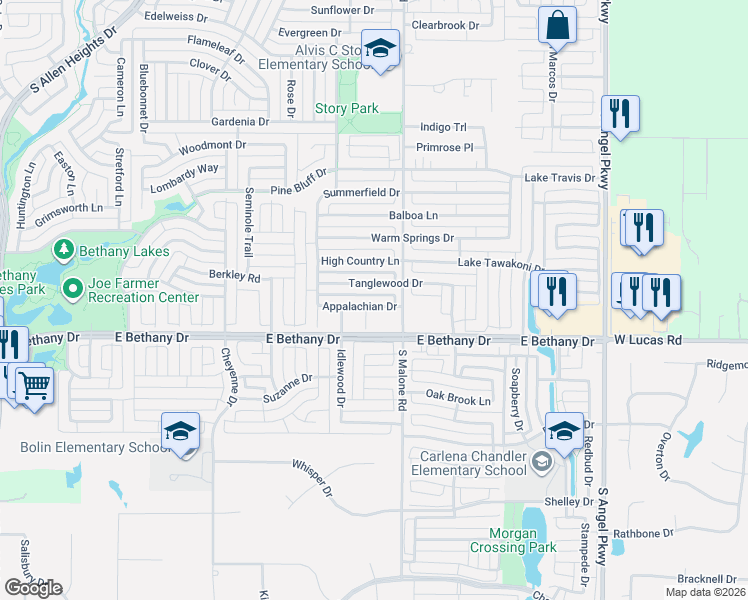 map of restaurants, bars, coffee shops, grocery stores, and more near 1523 Appalachian Drive in Allen