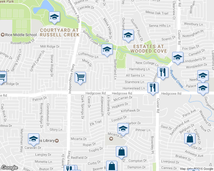 map of restaurants, bars, coffee shops, grocery stores, and more near 8012 Fleetwood Drive in Plano