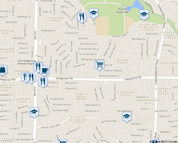 map of restaurants, bars, coffee shops, grocery stores, and more near 3520 Leighton Ridge Dr in Plano