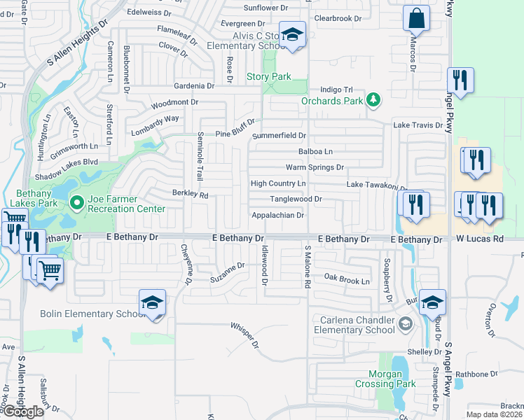map of restaurants, bars, coffee shops, grocery stores, and more near 1507 Appalachian Drive in Allen
