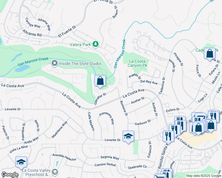 map of restaurants, bars, coffee shops, grocery stores, and more near 7541 Gibraltar Street in Carlsbad