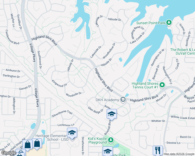 map of restaurants, bars, coffee shops, grocery stores, and more near 2631 Creekside Way in Highland Village