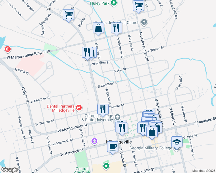 map of restaurants, bars, coffee shops, grocery stores, and more near 545 North Clarke Street in Milledgeville