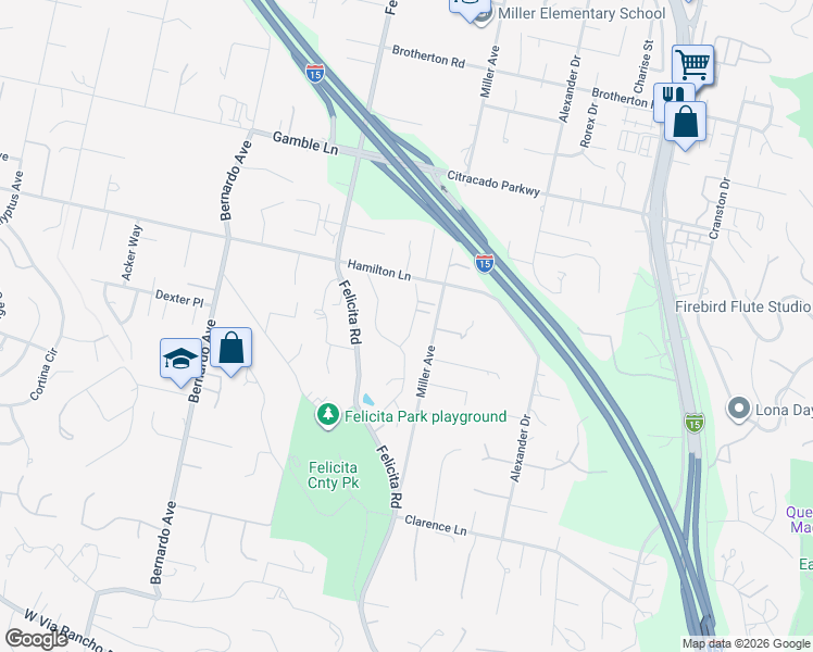 map of restaurants, bars, coffee shops, grocery stores, and more near 2515 Miller Avenue in Escondido