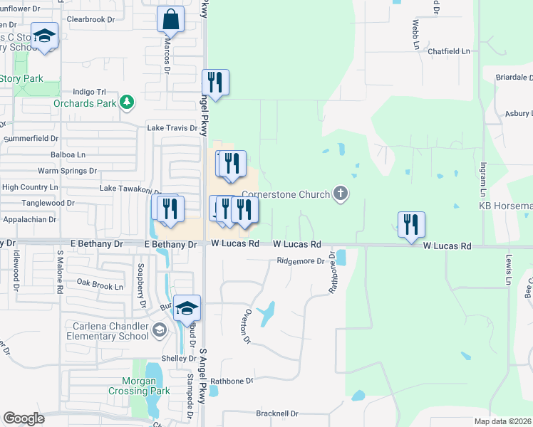 map of restaurants, bars, coffee shops, grocery stores, and more near 2550 West Lucas Road in Allen