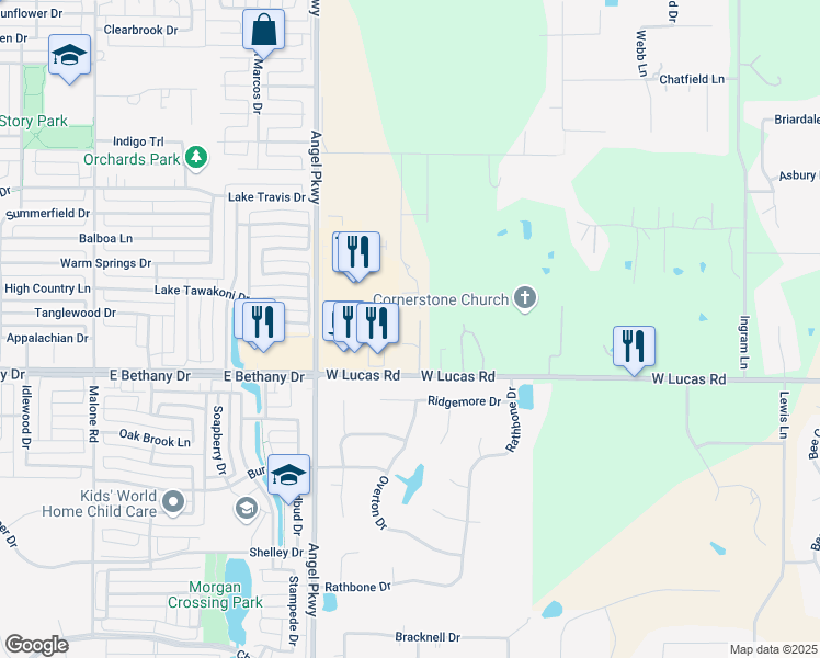 map of restaurants, bars, coffee shops, grocery stores, and more near 2550 West Lucas Road in Allen