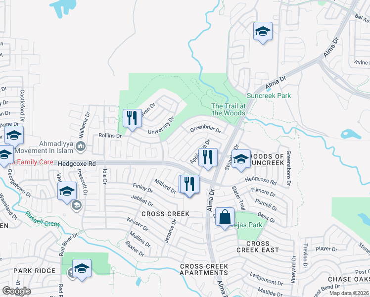 map of restaurants, bars, coffee shops, grocery stores, and more near 1510 Westmont Drive in Allen