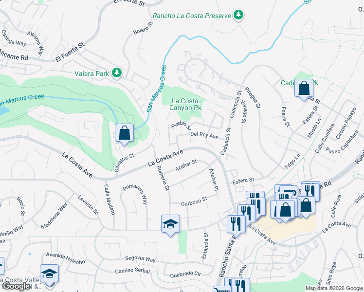 map of restaurants, bars, coffee shops, grocery stores, and more near 7523 Quinta Street in Carlsbad