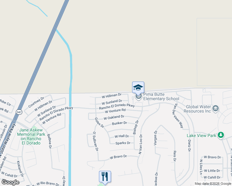 map of restaurants, bars, coffee shops, grocery stores, and more near 42514 West Hillman Drive in Maricopa