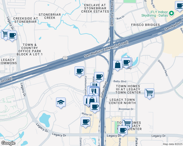 map of restaurants, bars, coffee shops, grocery stores, and more near 8055 Windrose Avenue in Plano