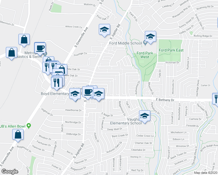 map of restaurants, bars, coffee shops, grocery stores, and more near 729 Fairlawn Street in Allen