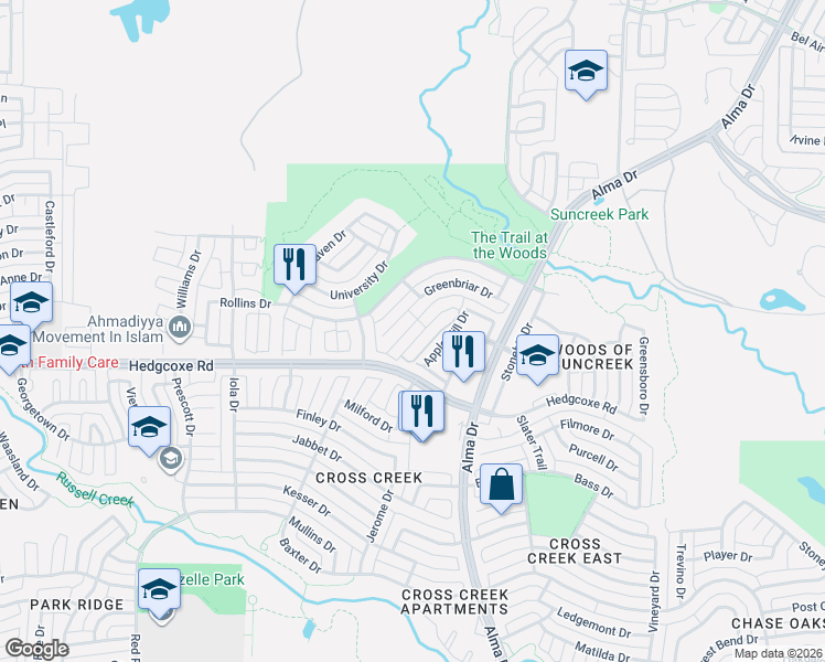 map of restaurants, bars, coffee shops, grocery stores, and more near 1510 Westmont Drive in Allen
