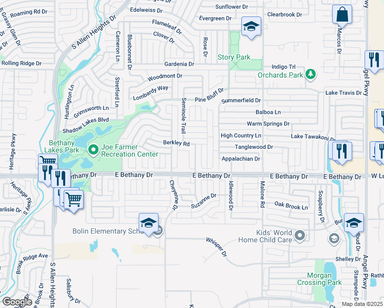 map of restaurants, bars, coffee shops, grocery stores, and more near 744 Big Bend Drive in Allen
