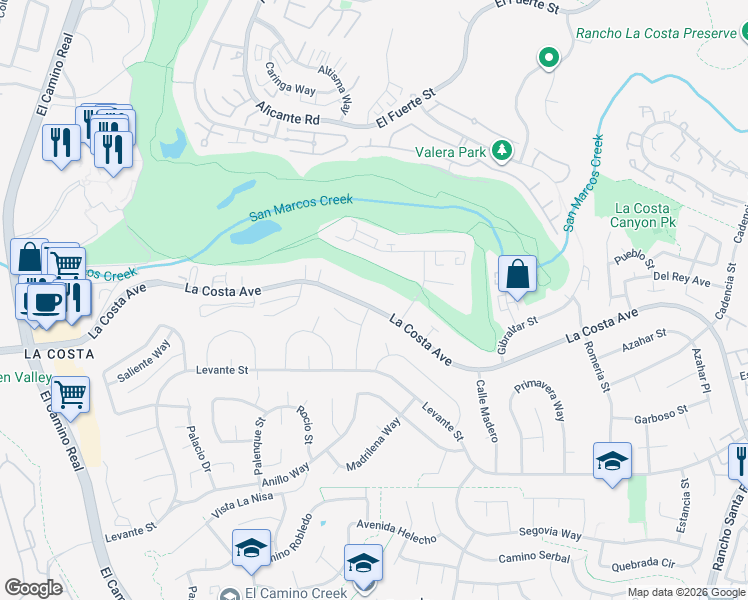 map of restaurants, bars, coffee shops, grocery stores, and more near 2530 La Costa Avenue in Carlsbad