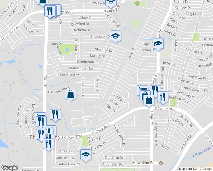 map of restaurants, bars, coffee shops, grocery stores, and more near 5120 Hardaway Circle in The Colony