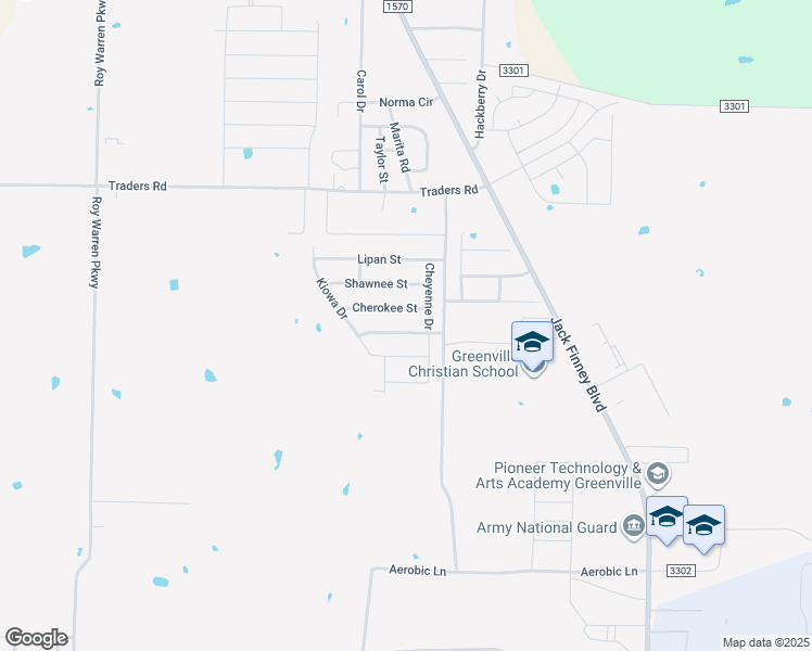 map of restaurants, bars, coffee shops, grocery stores, and more near 114 Comanche Drive in Greenville