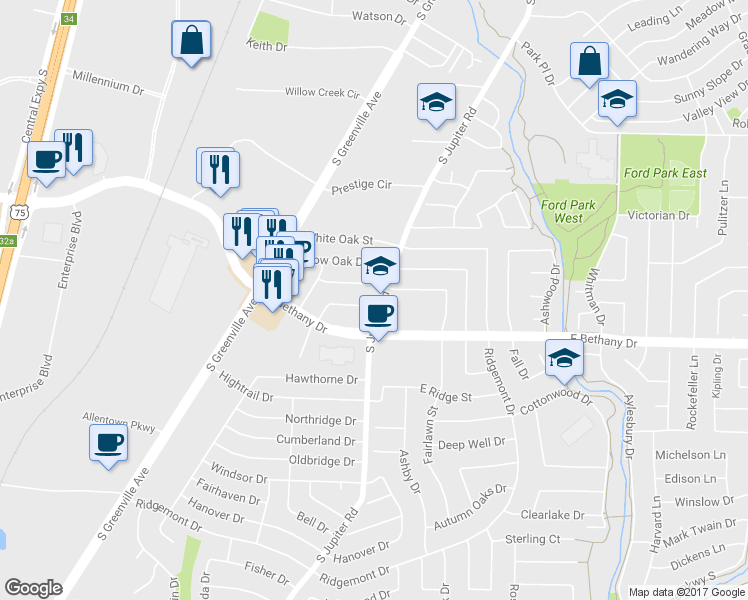 map of restaurants, bars, coffee shops, grocery stores, and more near 529 Red Oak Drive in Allen