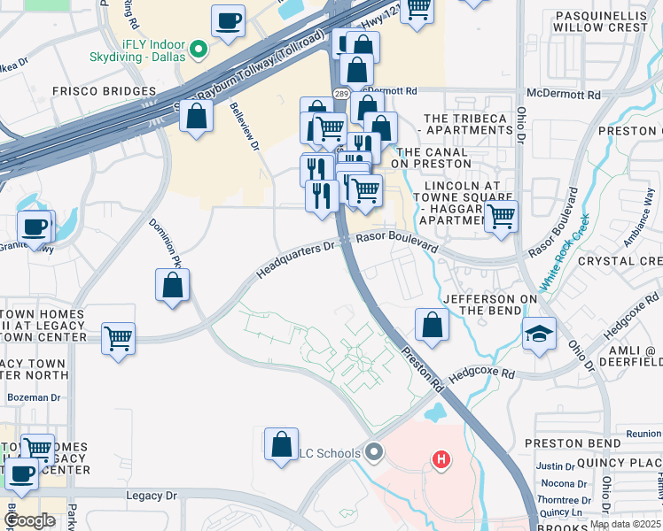 map of restaurants, bars, coffee shops, grocery stores, and more near 8073-8099 Preston Rd in Plano