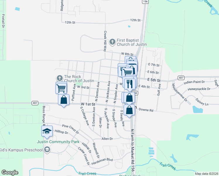 map of restaurants, bars, coffee shops, grocery stores, and more near 316 West 3rd Street in Justin