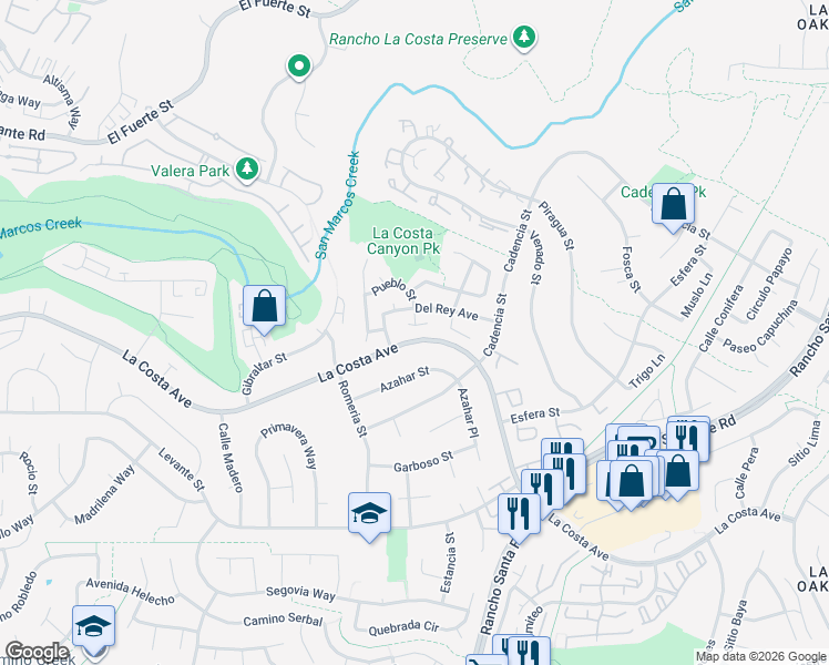 map of restaurants, bars, coffee shops, grocery stores, and more near 3109 Madera Court in Carlsbad