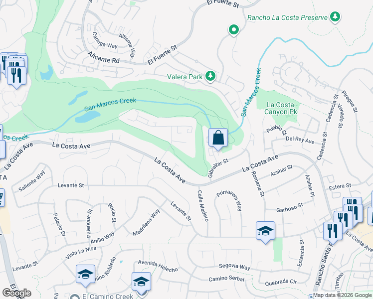 map of restaurants, bars, coffee shops, grocery stores, and more near 2607 Pirineos Way in Carlsbad