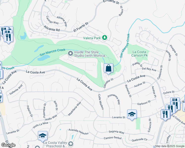 map of restaurants, bars, coffee shops, grocery stores, and more near 2625 Pirineos Way in Carlsbad