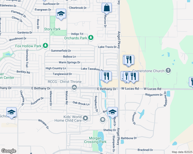 map of restaurants, bars, coffee shops, grocery stores, and more near 744 Bethany Lake Boulevard in Allen