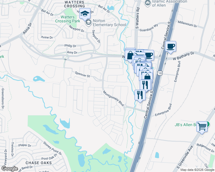 map of restaurants, bars, coffee shops, grocery stores, and more near 1082 Maverick Drive in Allen