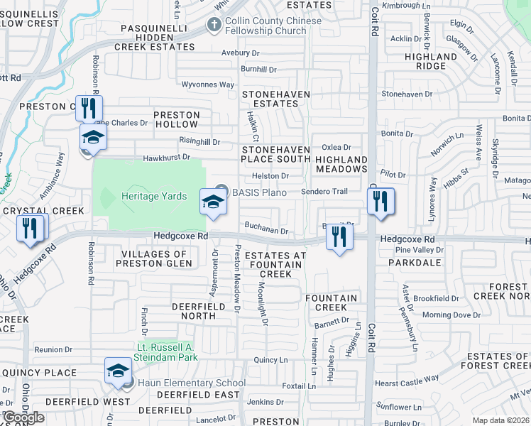 map of restaurants, bars, coffee shops, grocery stores, and more near 4420 English Oak Drive in Plano
