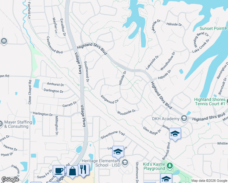 map of restaurants, bars, coffee shops, grocery stores, and more near 920 Hillside Court in Highland Village