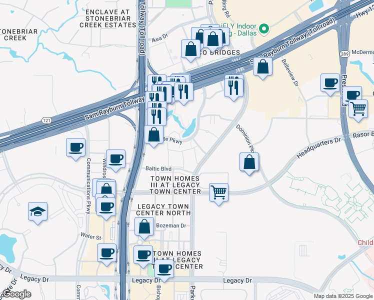 map of restaurants, bars, coffee shops, grocery stores, and more near 5700 Granite Parkway in Plano