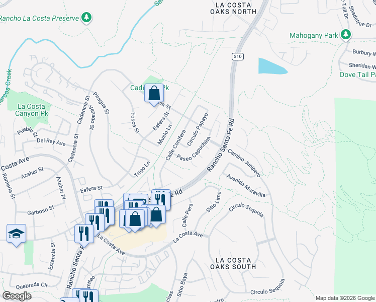map of restaurants, bars, coffee shops, grocery stores, and more near 7336 Circulo Papayo in Carlsbad