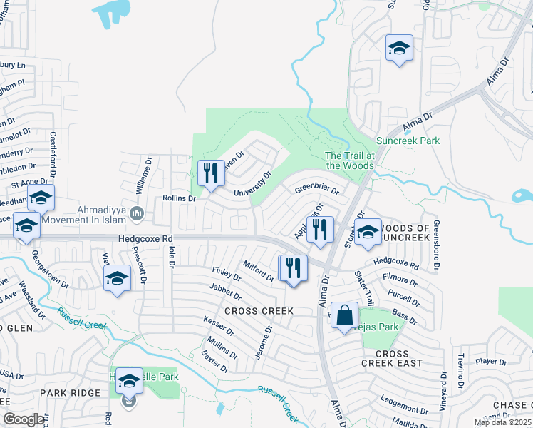 map of restaurants, bars, coffee shops, grocery stores, and more near 1520 Greenbriar Drive in Allen