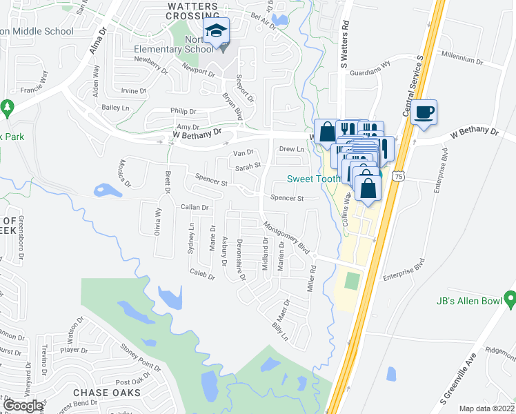 map of restaurants, bars, coffee shops, grocery stores, and more near 1082 Maverick Drive in Allen