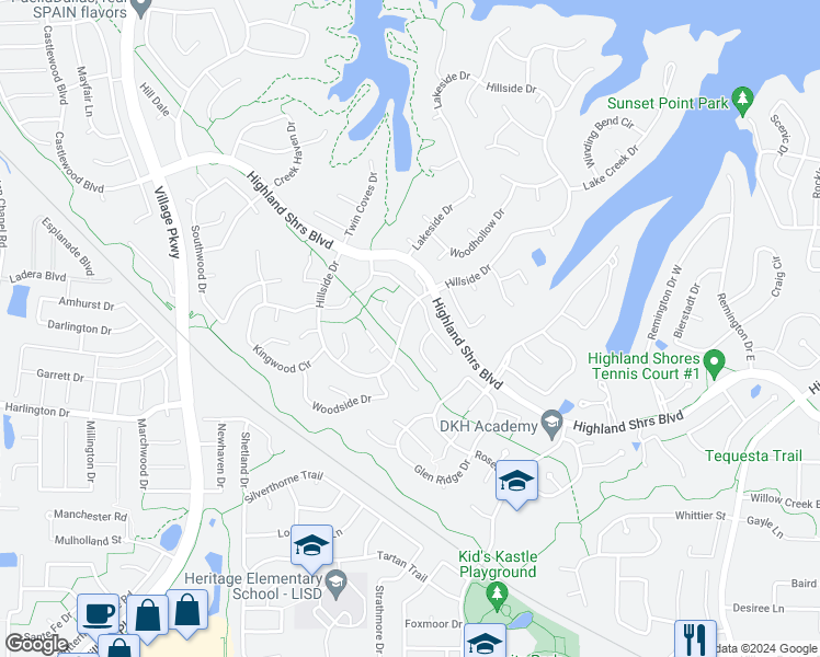 map of restaurants, bars, coffee shops, grocery stores, and more near 2603 Hillside Drive in Highland Village
