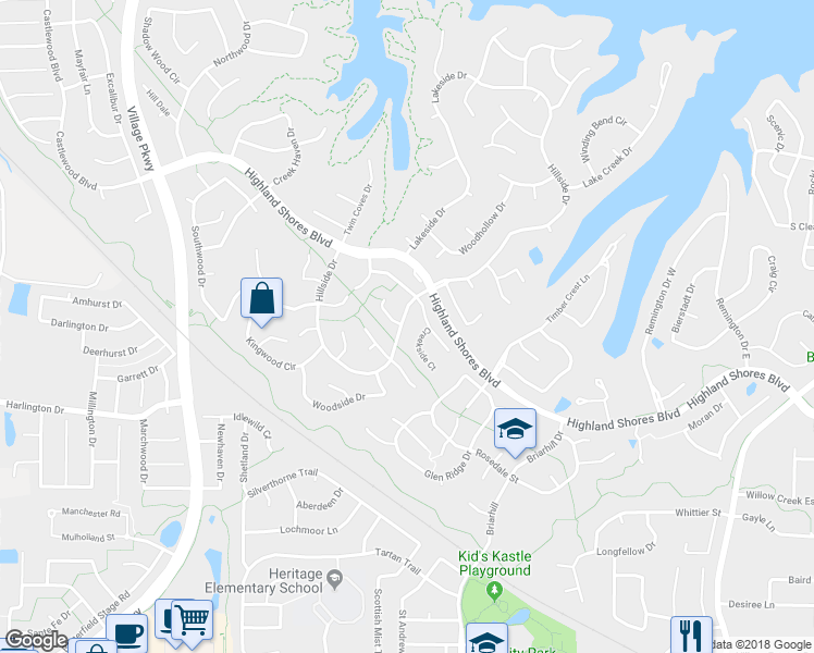 map of restaurants, bars, coffee shops, grocery stores, and more near 2605 Hillside Drive in Lewisville