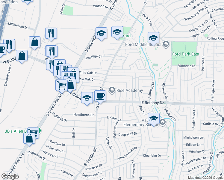 map of restaurants, bars, coffee shops, grocery stores, and more near 608 English Oak Street in Allen