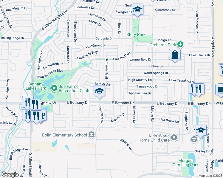 map of restaurants, bars, coffee shops, grocery stores, and more near 744 Big Bend Drive in Allen