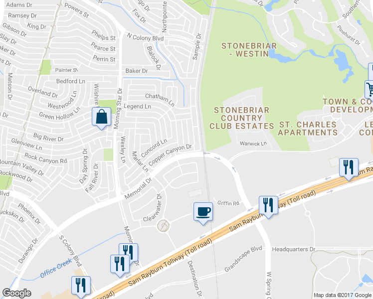 map of restaurants, bars, coffee shops, grocery stores, and more near 5913 Copper Canyon Drive in The Colony