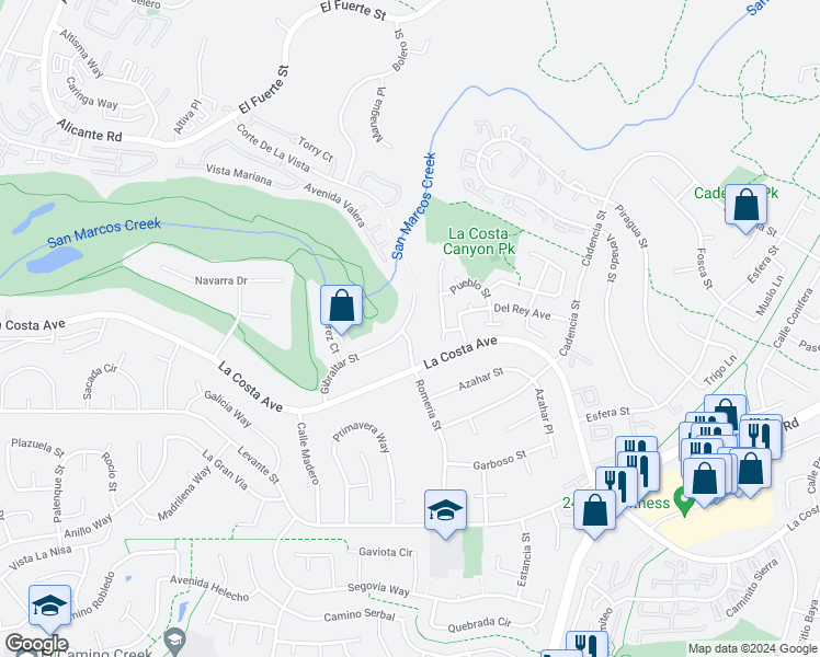 map of restaurants, bars, coffee shops, grocery stores, and more near 7522 Romeria Street in Carlsbad