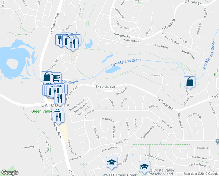 map of restaurants, bars, coffee shops, grocery stores, and more near 2401 La Costa Avenue in Carlsbad