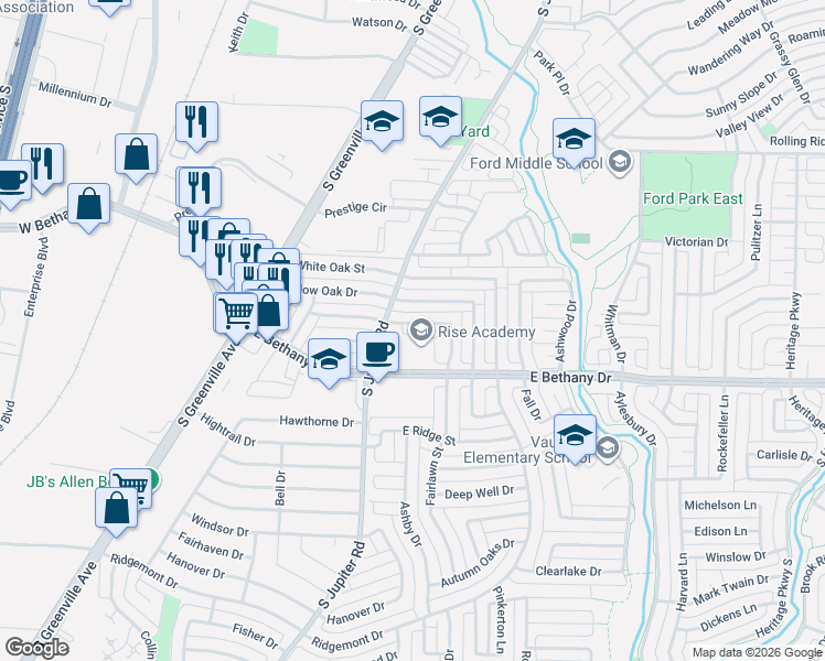 map of restaurants, bars, coffee shops, grocery stores, and more near 608 English Oak Street in Allen